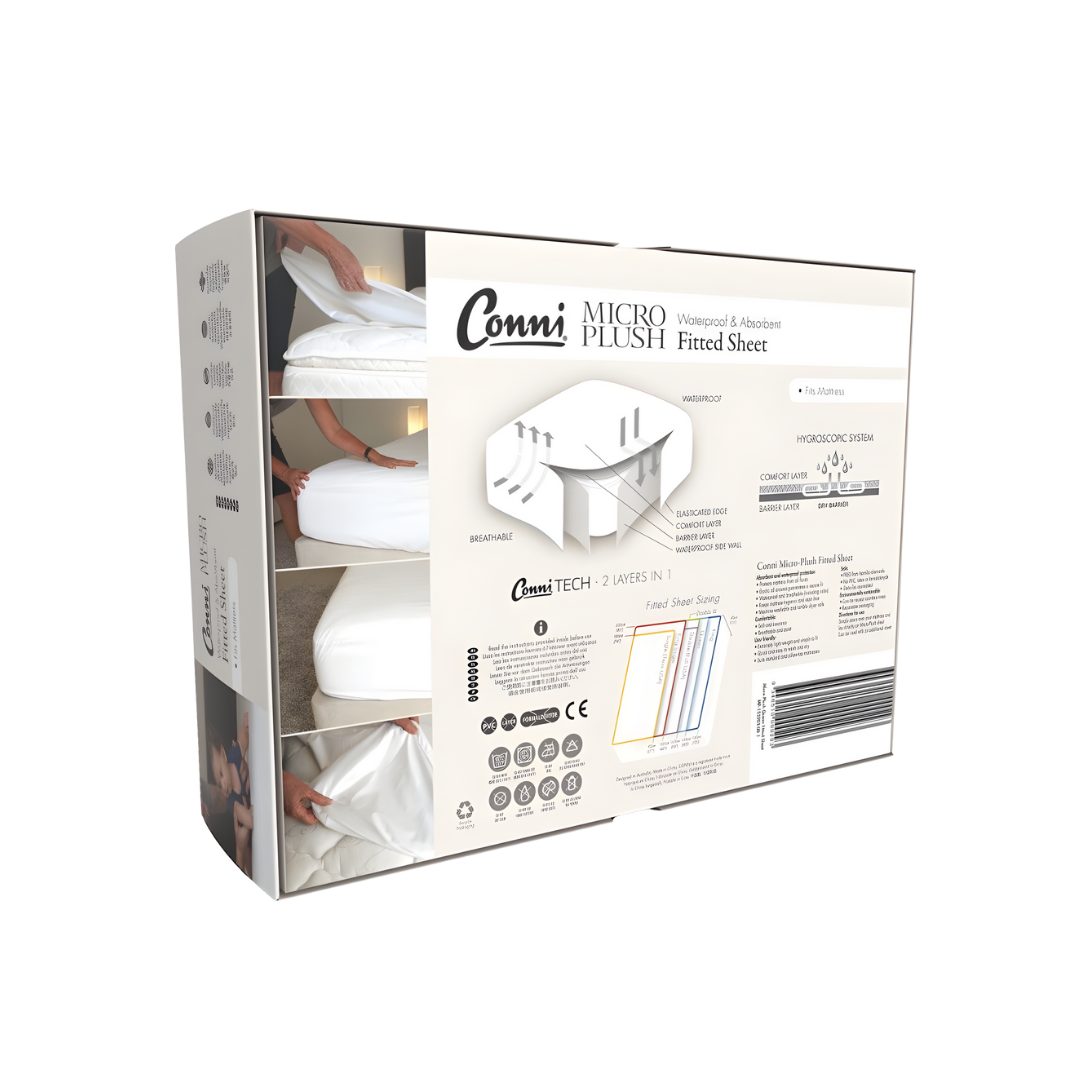 Conni Micro-Plush Waterproof Mattress Encasement in Single, Double, King Single, Queen and King sizes provides soft, washable full mattress coverage with discreet waterproof comfort.