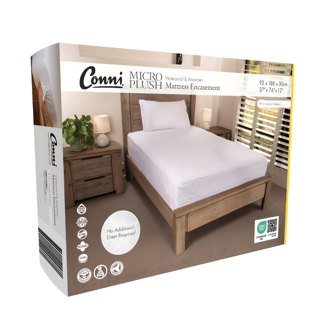 Conni Micro-Plush Waterproof Mattress Encasement in Single, Double, King Single, Queen and King sizes offers soft, washable full coverage bedding protection.