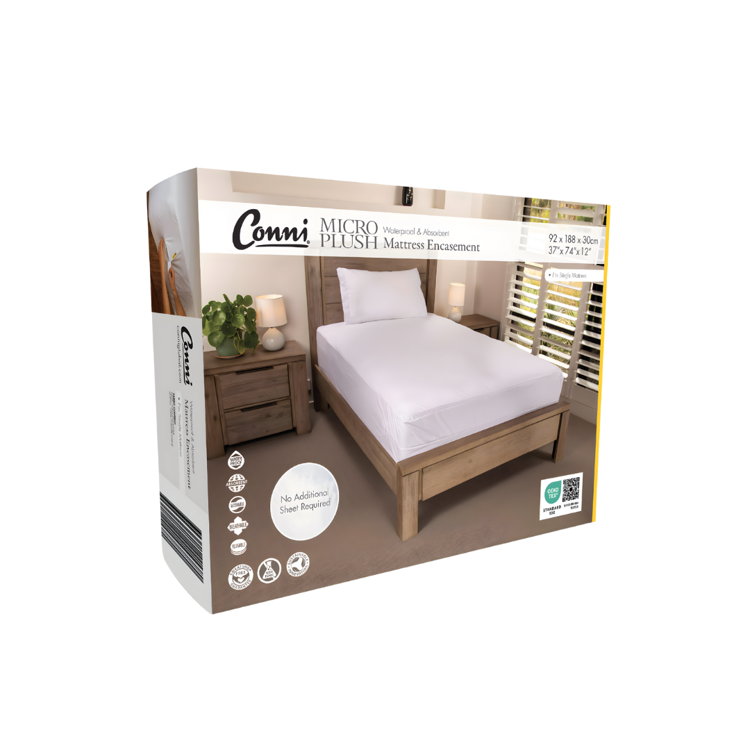 Conni Micro-Plush Waterproof Mattress Encasement in Single, Double, King Single, Queen and King sizes offers soft, washable full coverage bedding protection.
