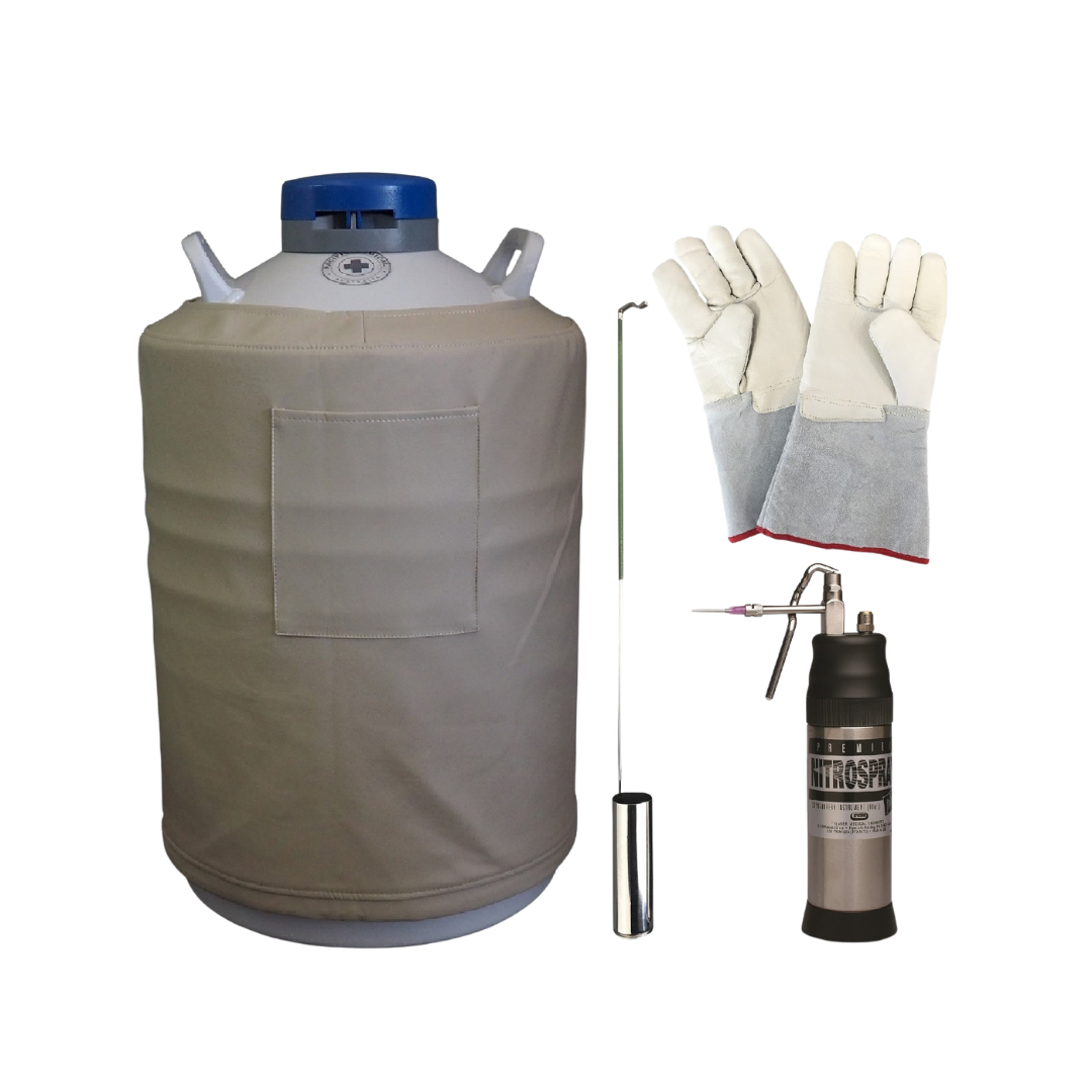 Cryotherapy Package Two with Nitrospray 300 ml, 20 L Dewar, and gloves for safe and effective clinical cryotherapy treatments.