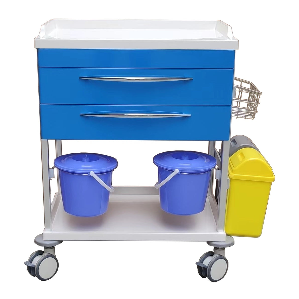 Dressing Change Trolley front view with two drawers, buckets on the lower shelf and side waste bin