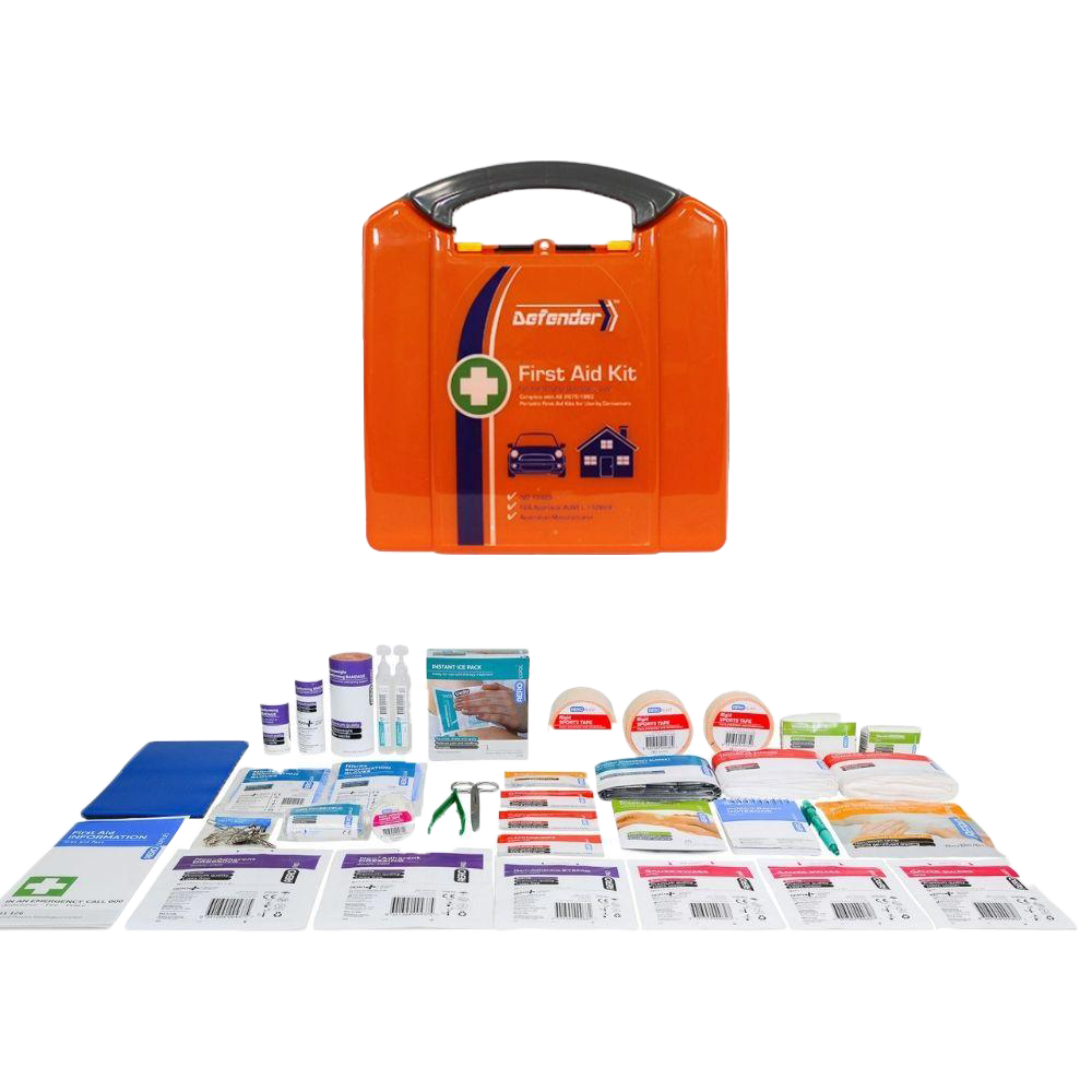 Defender 3 Series Plastic Neat First Aid Kit with compact plastic case and essential emergency supplies