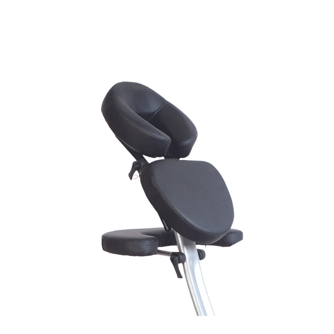 Deluxe Portable Massage Chair in black with adjustable headrest and arm support, folded flat with carry bag