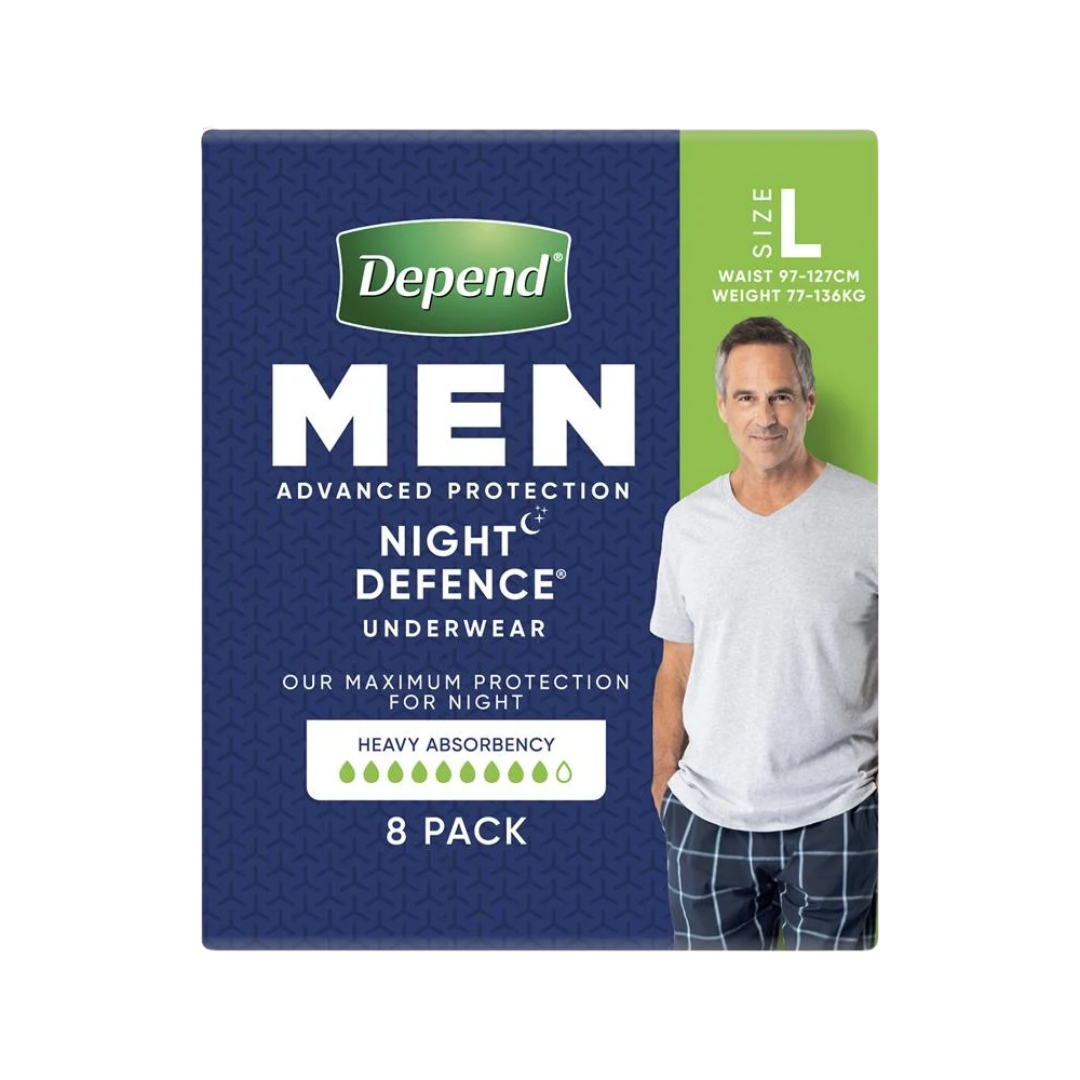 Depend Real Fit Underwear Night Defence For Men Large, discreet overnight protection with soft breathable fabric, tailored fit, and high absorbency.