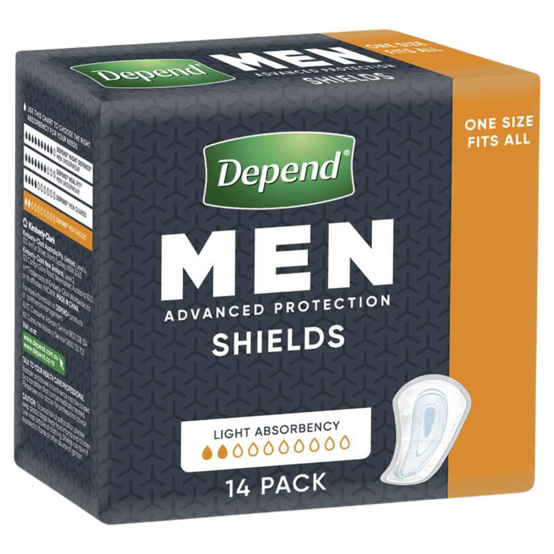 Depend Shields For Men Standard, discreet male-specific design with light absorbency, odour control, and secure fit for everyday bladder leakage protection.