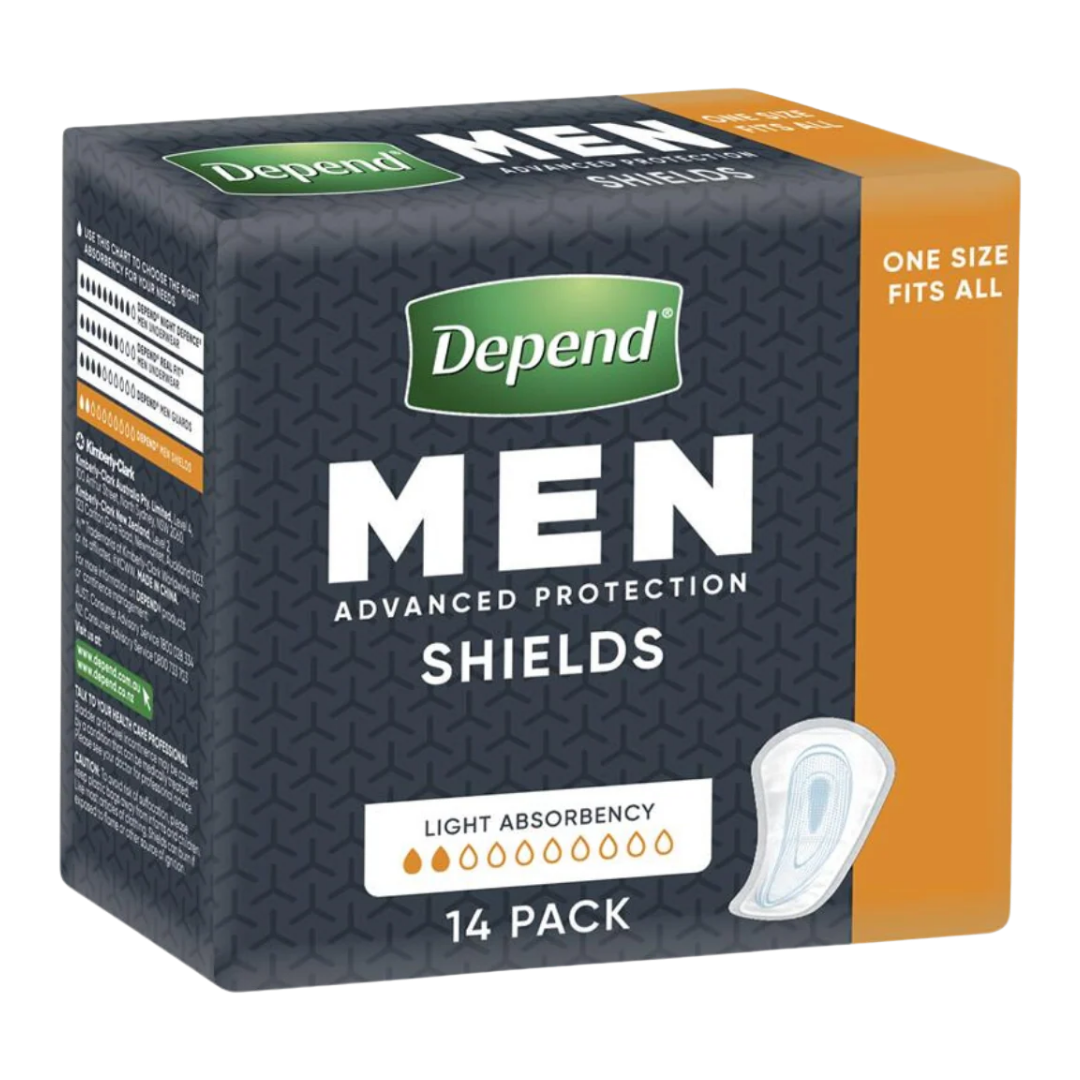 Depend Shields For Men Standard, discreet male-specific design with light absorbency, odour control, and secure fit for everyday bladder leakage protection.