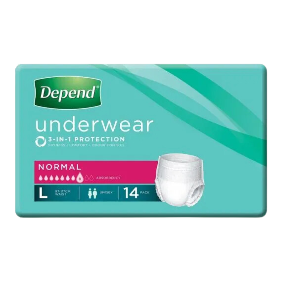 Depend Unisex Underwear Normal in S/M, Large, and Extra Large sizes, discreet absorbent continence care solution offering comfort and reliable protection daily.
