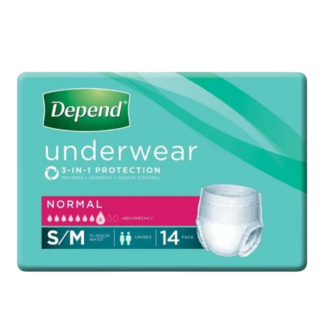 Depend Unisex Underwear Normal in S/M, Large, and Extra Large sizes, discreet absorbent continence care solution offering comfort and reliable protection daily.