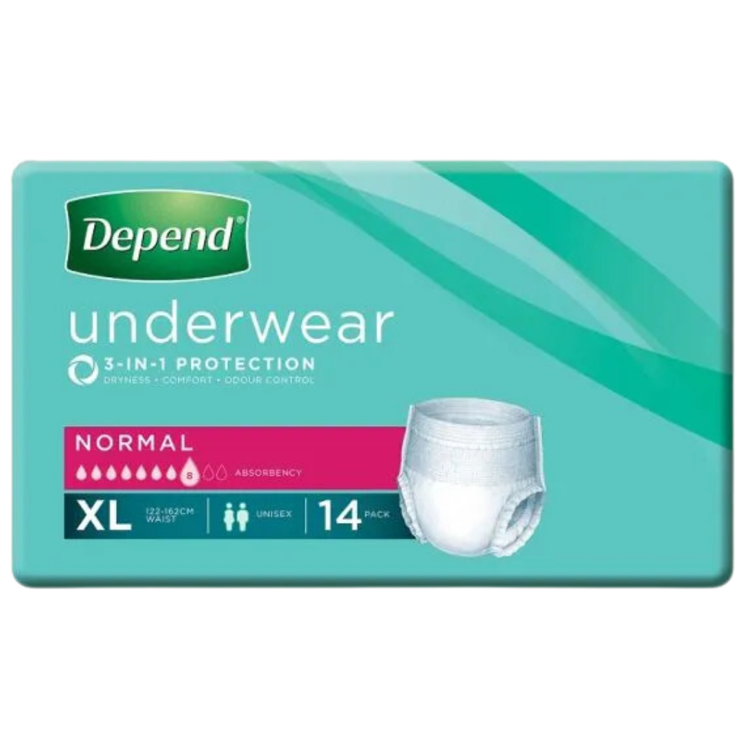 Depend Unisex Underwear Normal in S/M, Large, and Extra Large sizes, discreet absorbent continence care solution offering comfort and reliable protection daily.