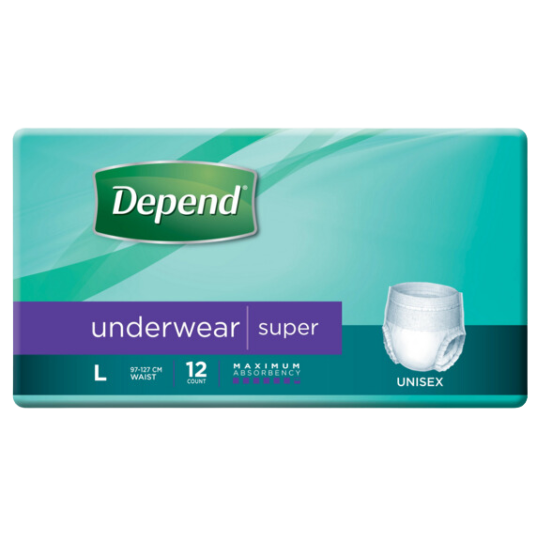 Depend Unisex Underwear Super in Medium, Large, and Extra Large sizes, discreet absorbent continence care solution offering comfort and reliable protection daily.