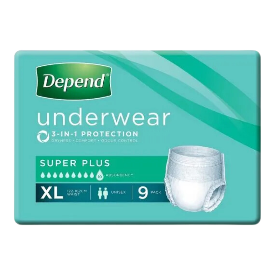 Depend Unisex Underwear Super Plus in sizes S to XL, discreet absorbent continence care solution offering comfort, dignity, and reliable protection daily.