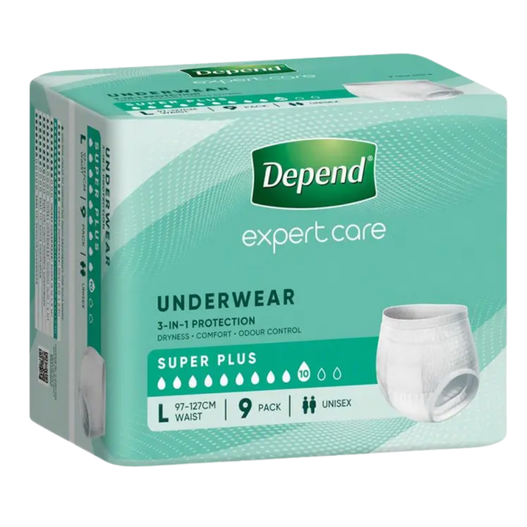 Depend Unisex Underwear Super Plus in sizes S to XL, discreet absorbent continence care solution offering comfort, dignity, and reliable protection daily.