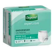 Depend Unisex Underwear Super Plus in sizes S to XL, discreet absorbent continence care solution offering comfort, dignity, and reliable protection daily.