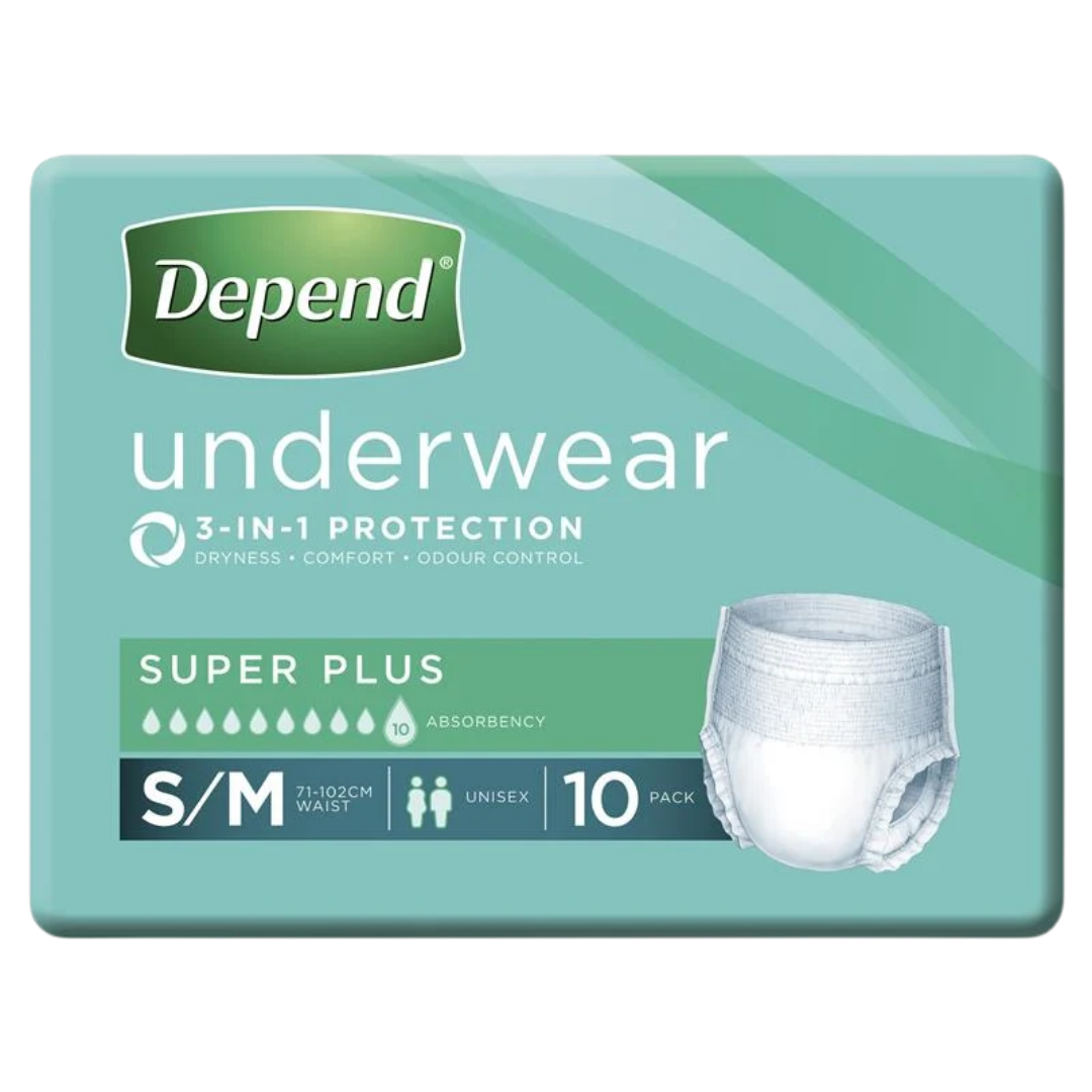 Depend Unisex Underwear Super Plus in sizes S to XL, discreet absorbent continence care solution offering comfort, dignity, and reliable protection daily.