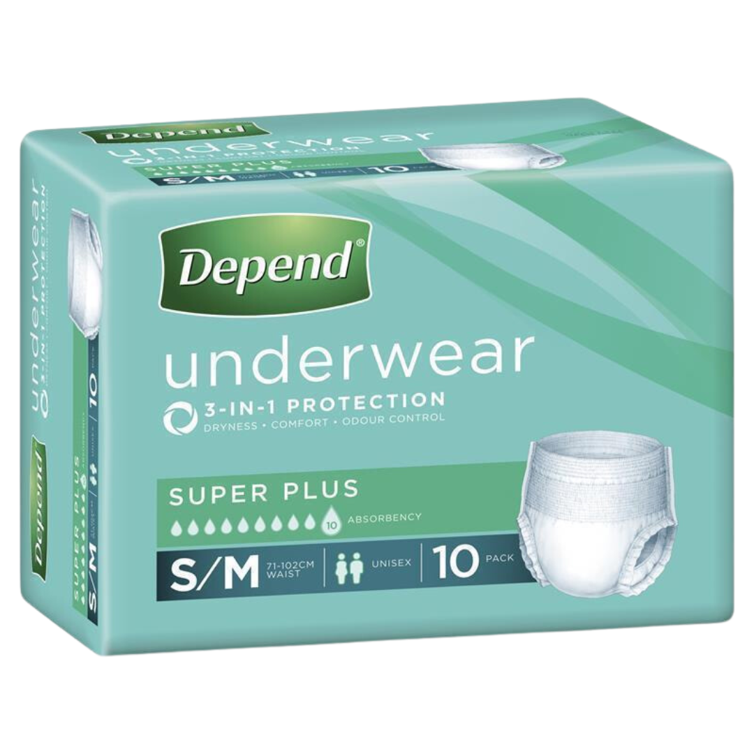 Depend Unisex Underwear Super Plus in sizes S to XL, discreet absorbent continence care solution offering comfort, dignity, and reliable protection daily.