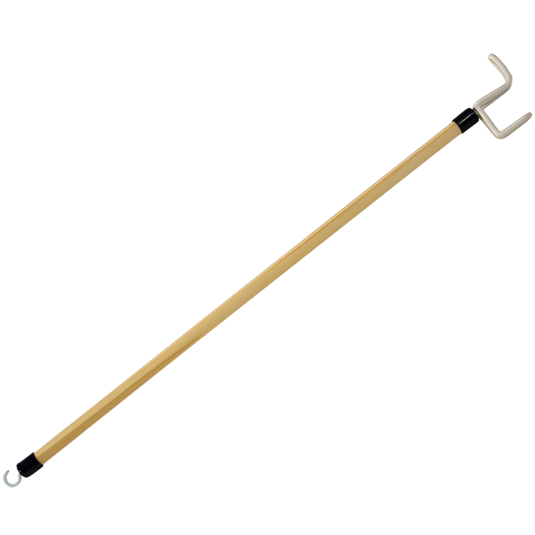 Dressing stick with hook and push/pull ends, available in 18 and 27 inches, designed to assist with independent dressing tasks.