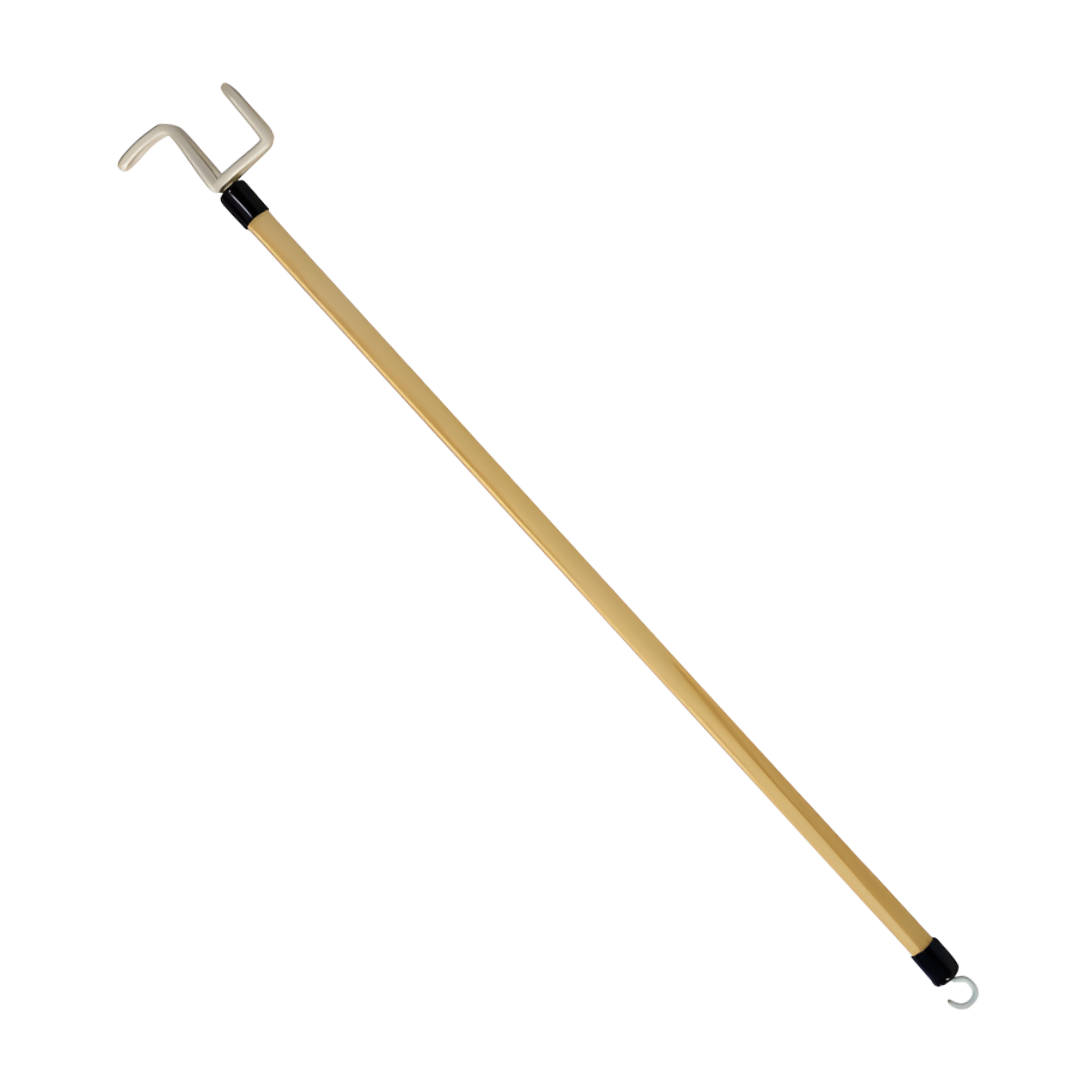 Dressing stick with hook and push/pull ends, available in 18 and 27 inches, designed to assist with independent dressing tasks.
