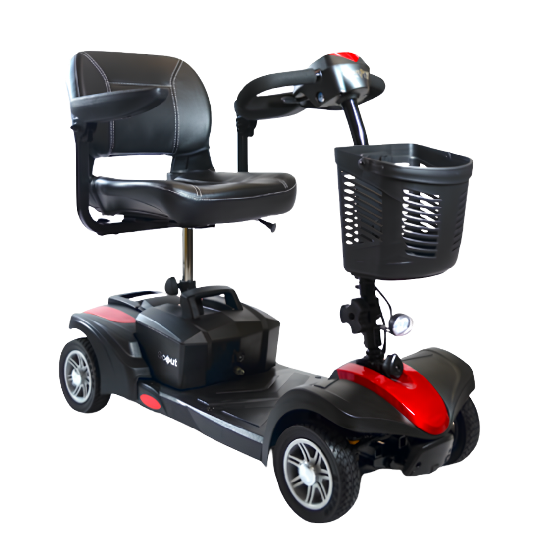 Drive Medical Scout Portable mobility scooter, lightweight 4‑wheel design, easy disassembly, 130kg safe working load, compact for travel and daily use.