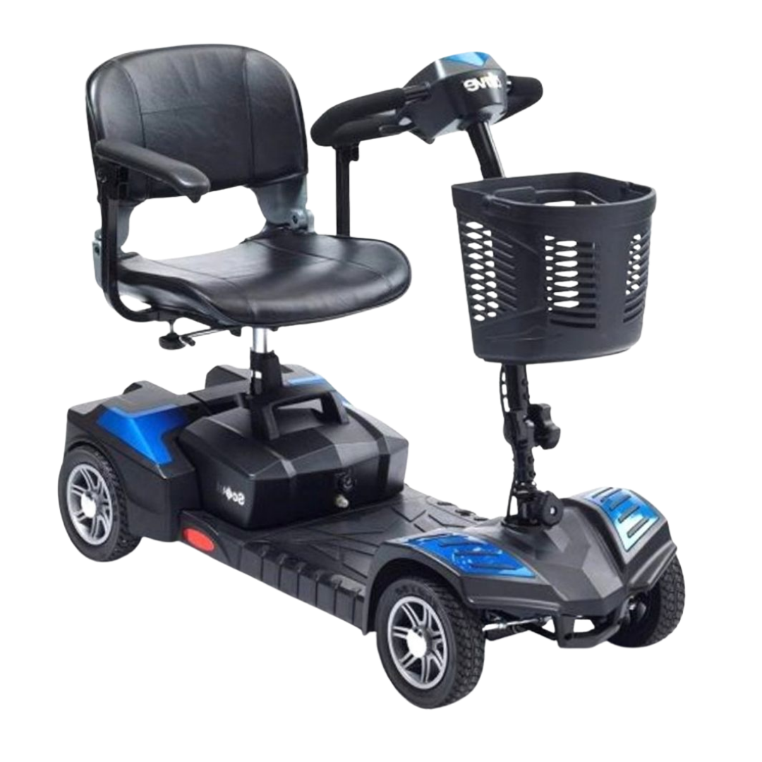 Drive Medical Scout Portable mobility scooter, lightweight 4‑wheel design, easy disassembly, 130kg safe working load, compact for travel and daily use.