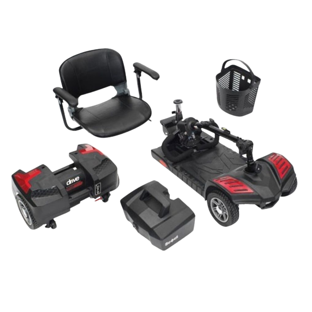 Drive Medical Scout Portable mobility scooter, lightweight 4‑wheel design, easy disassembly, 130kg safe working load, compact for travel and daily use.