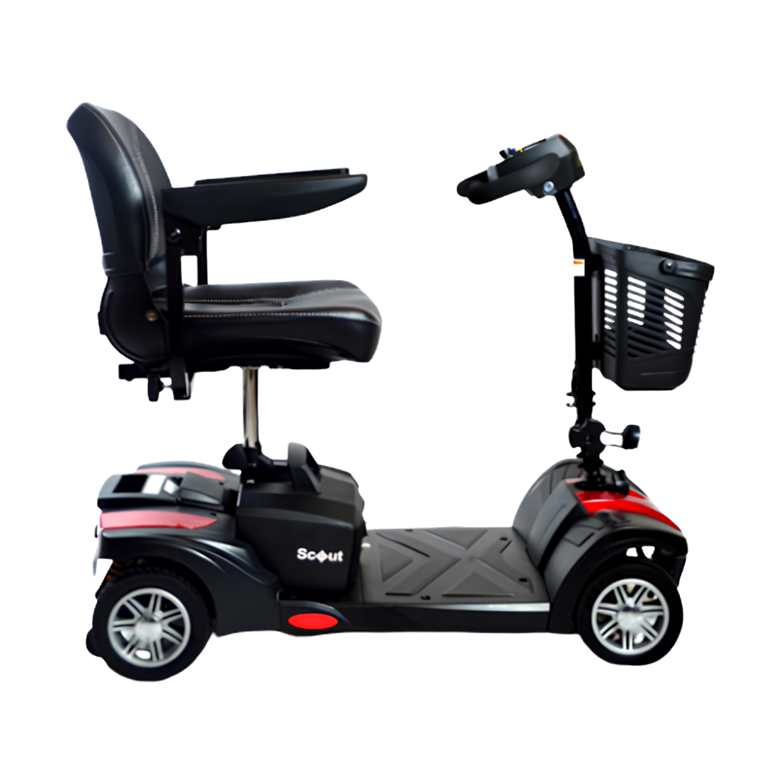 Drive Medical Scout Sport Quattro mobility scooter, compact 4‑wheel design, 130kg safe working load, adjustable seat, reliable performance for daily use.