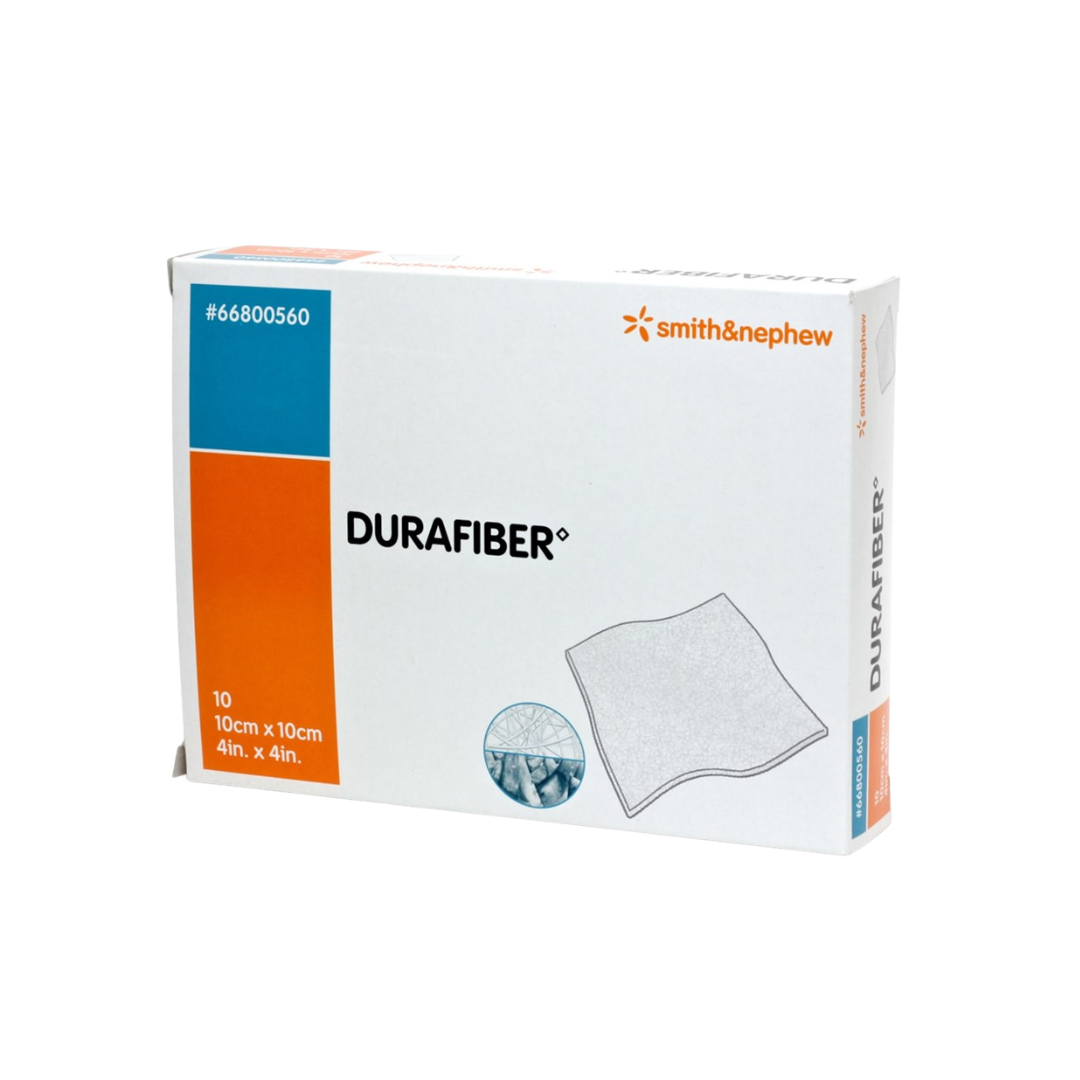 Durafiber 10x10cm wound dressing shown as a strong, absorbent gelling fibre dressing designed for moderate to heavy exudate and clean, intact removal.