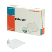 Durafiber wound dressing 5x5cm shown as an absorbent gelling fibre dressing designed for moderate to heavy exudate and strong, intact removal performance.