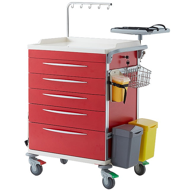 Emergency Trolley Red with five drawers, IV pole, top tray, side basket and waste bins