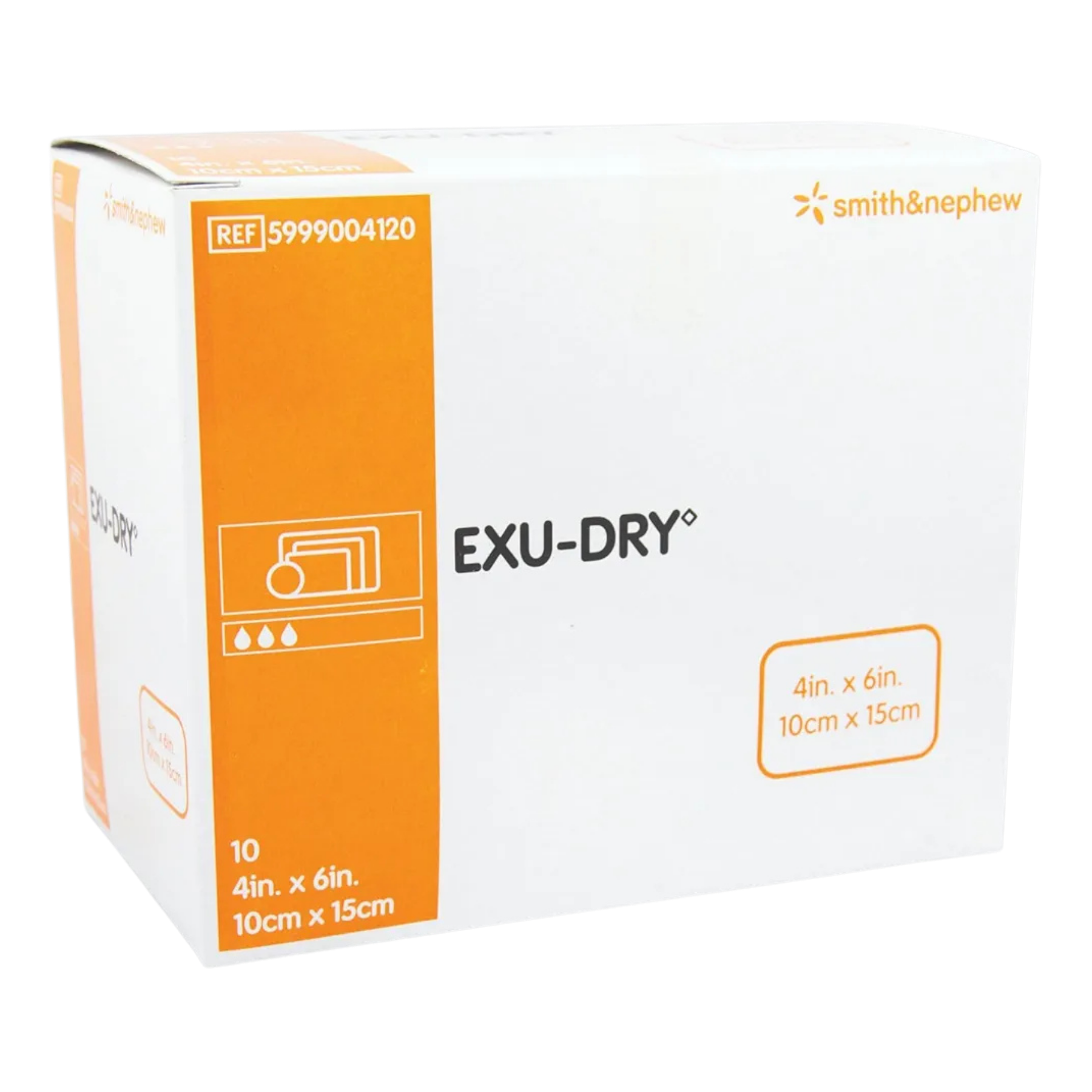 Box of EXU-DRY by Smith & Nephew with orange and white design.