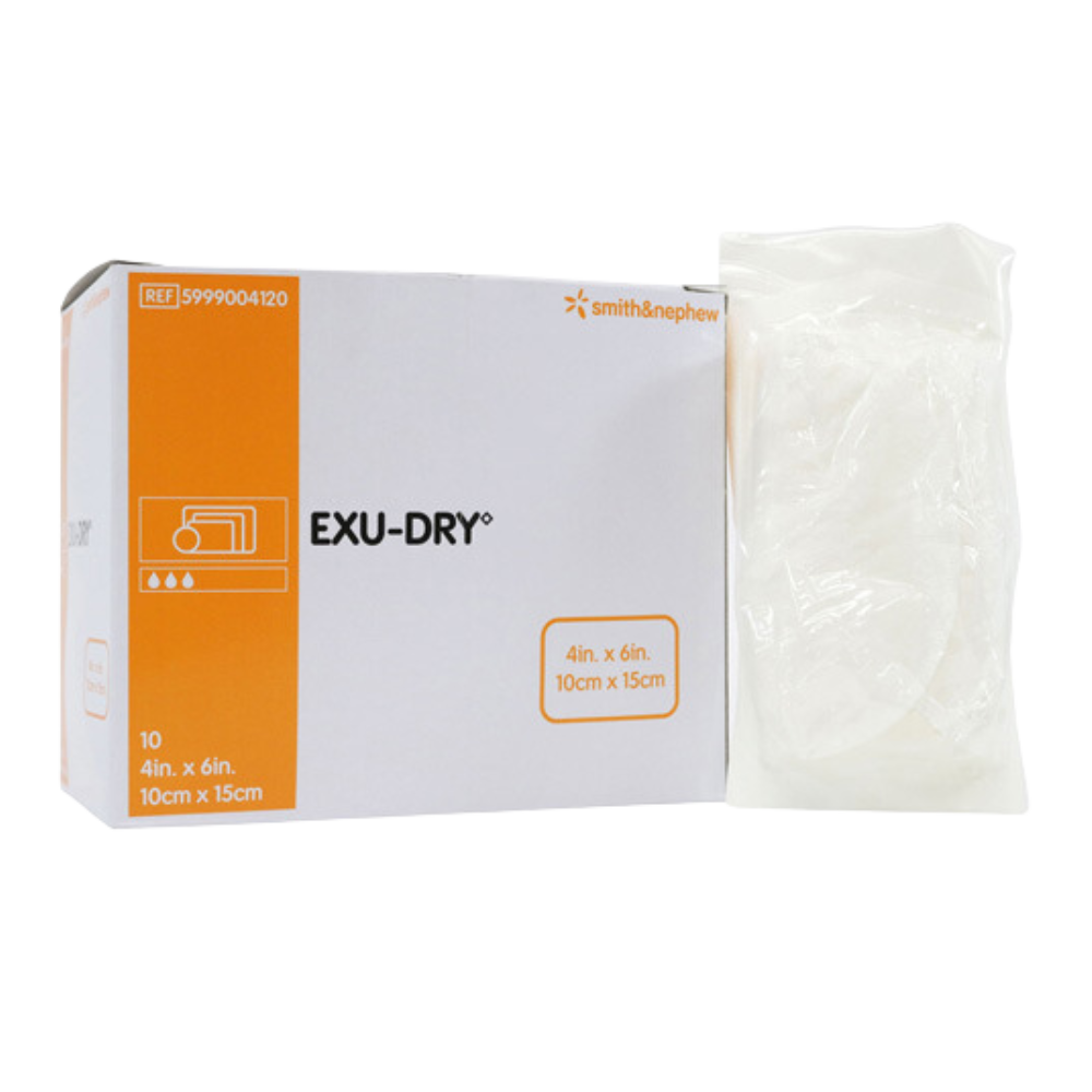 Packaging of Exu-Dry full anti shear absorbent dressing, showing a white box with product information, alongside an unfolded dressing sheet.