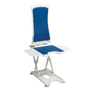 Electric Bellavita Bath Lift in blue, lightweight design with 140kg safe working load, adjustable backrest recline, supports safe and independent bathing.