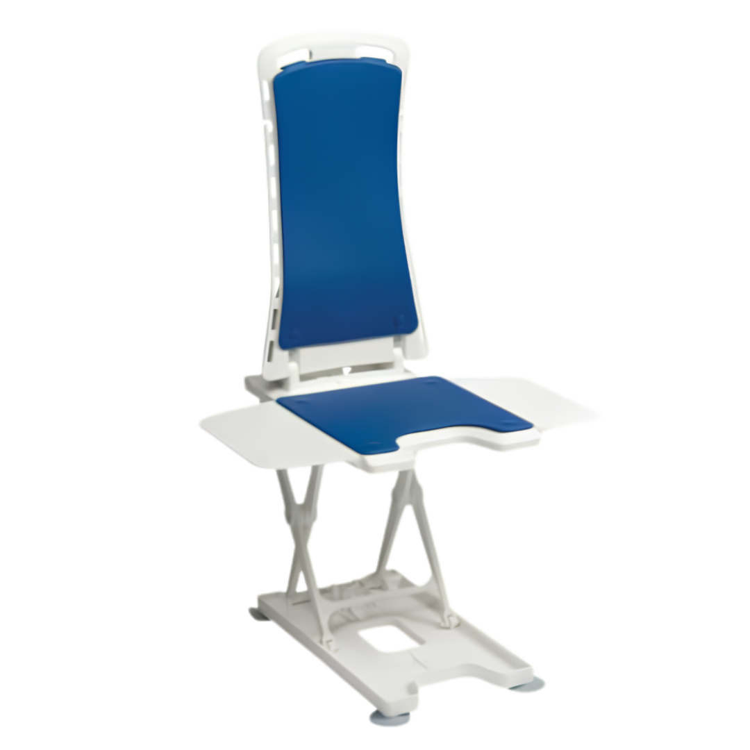 Electric Bellavita Bath Lift in blue, lightweight design with 140kg safe working load, adjustable backrest recline, supports safe and independent bathing.