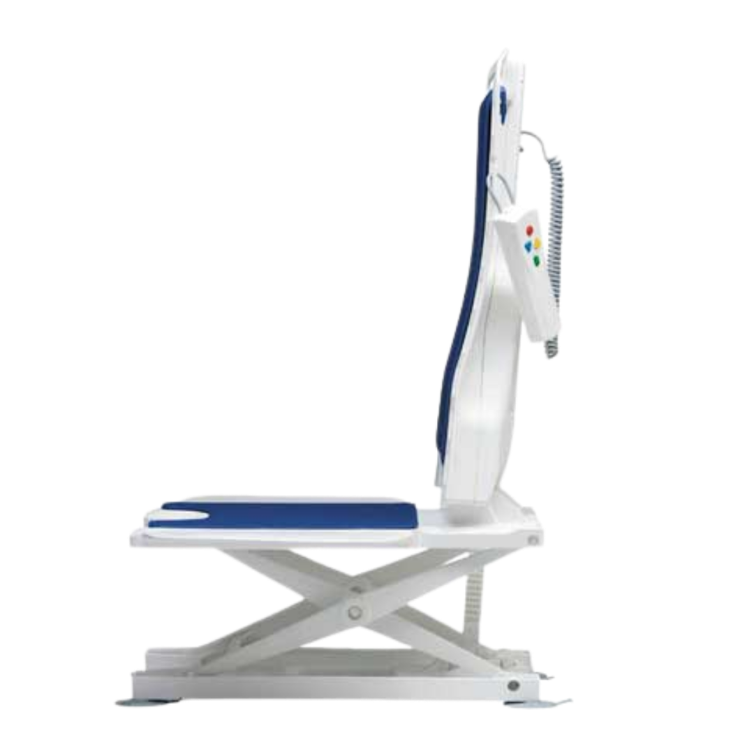 Electric Bellavita Bath Lift in blue, lightweight design with 140kg safe working load, adjustable backrest recline, supports safe and independent bathing.