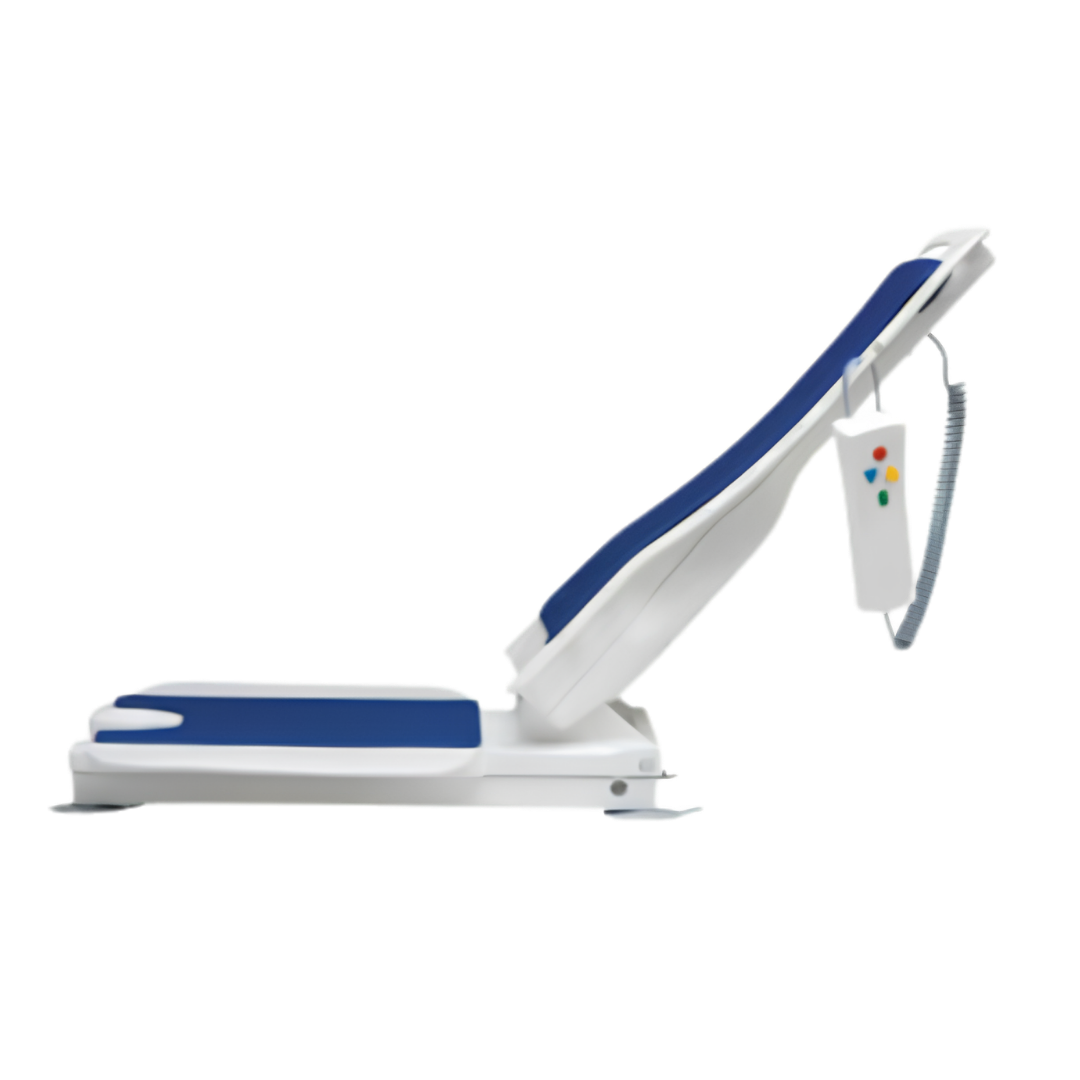 Electric Bellavita Bath Lift in blue, lightweight design with 140kg safe working load, adjustable backrest recline, supports safe and independent bathing.