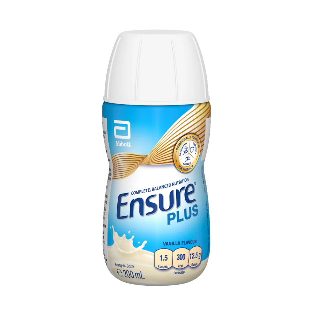 Ensure Plus 200ml nutritional drink bottle in Vanilla flavour – high-calorie, high-protein supplement for energy, recovery, and dietary support.