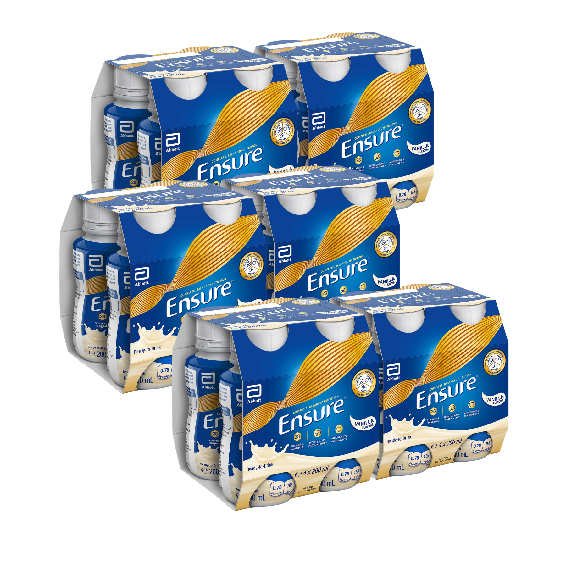 Carton layout showing six 4-packs of Abbott Ensure Vanilla 200ml ready-to-drink nutritional supplement bottles in blue and white packaging.