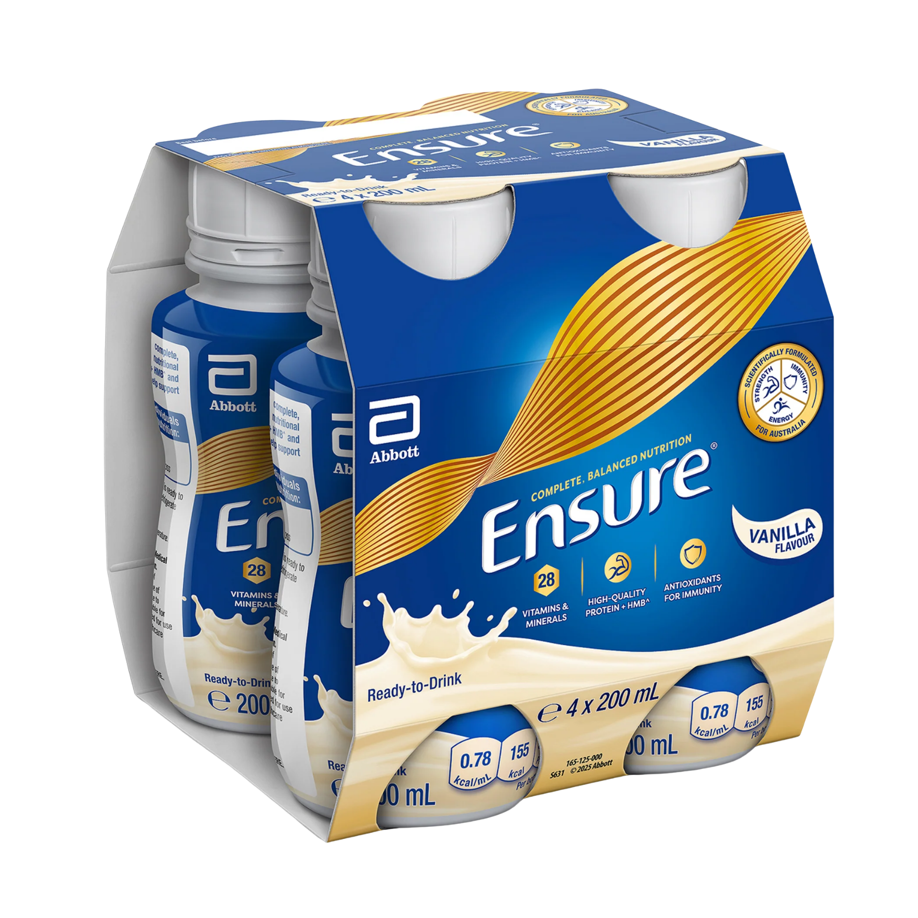 A 4-pack cardboard carrier of Abbott Ensure Vanilla Flavor ready-to-drink milk protein powder, showing four bottles through cutouts in a blue and gold package.