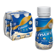 A bottle of Ensure Vanilla drink alongside its four-pack cardboard carrier on a plain white background. The packaging features blue and gold graphics with the Ensure brand name prominently displayed.