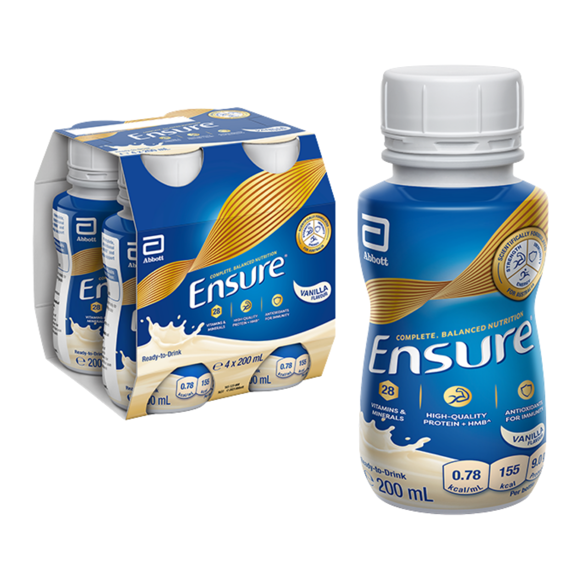 A bottle of Ensure Vanilla drink alongside its four-pack cardboard carrier on a plain white background. The packaging features blue and gold graphics with the Ensure brand name prominently displayed.