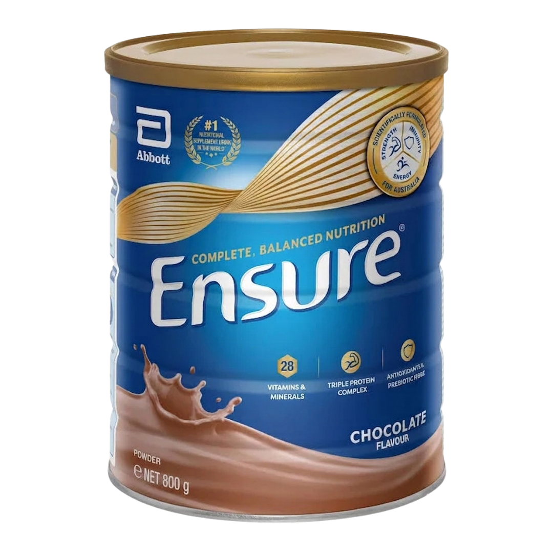 Ensure Powder 800g in Vanilla and Chocolate flavours, a balanced nutritional supplement supporting energy, recovery, and daily health for all ages.