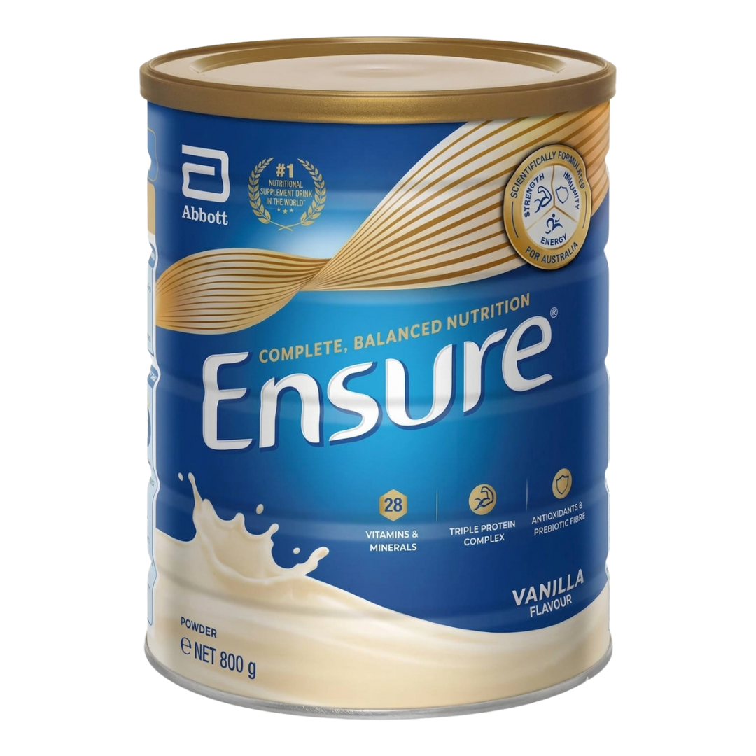 Ensure Powder 800g in Vanilla and Chocolate flavours, a balanced nutritional supplement supporting energy, recovery, and daily health for all ages.