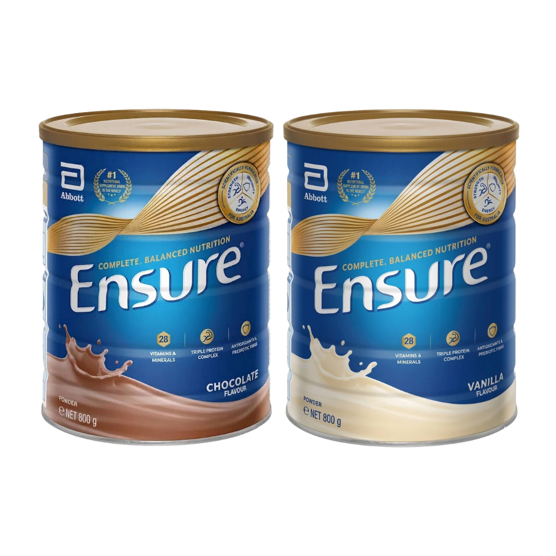 Ensure Powder 800g in Vanilla and Chocolate flavours, a balanced nutritional supplement supporting energy, recovery, and daily health for all ages.