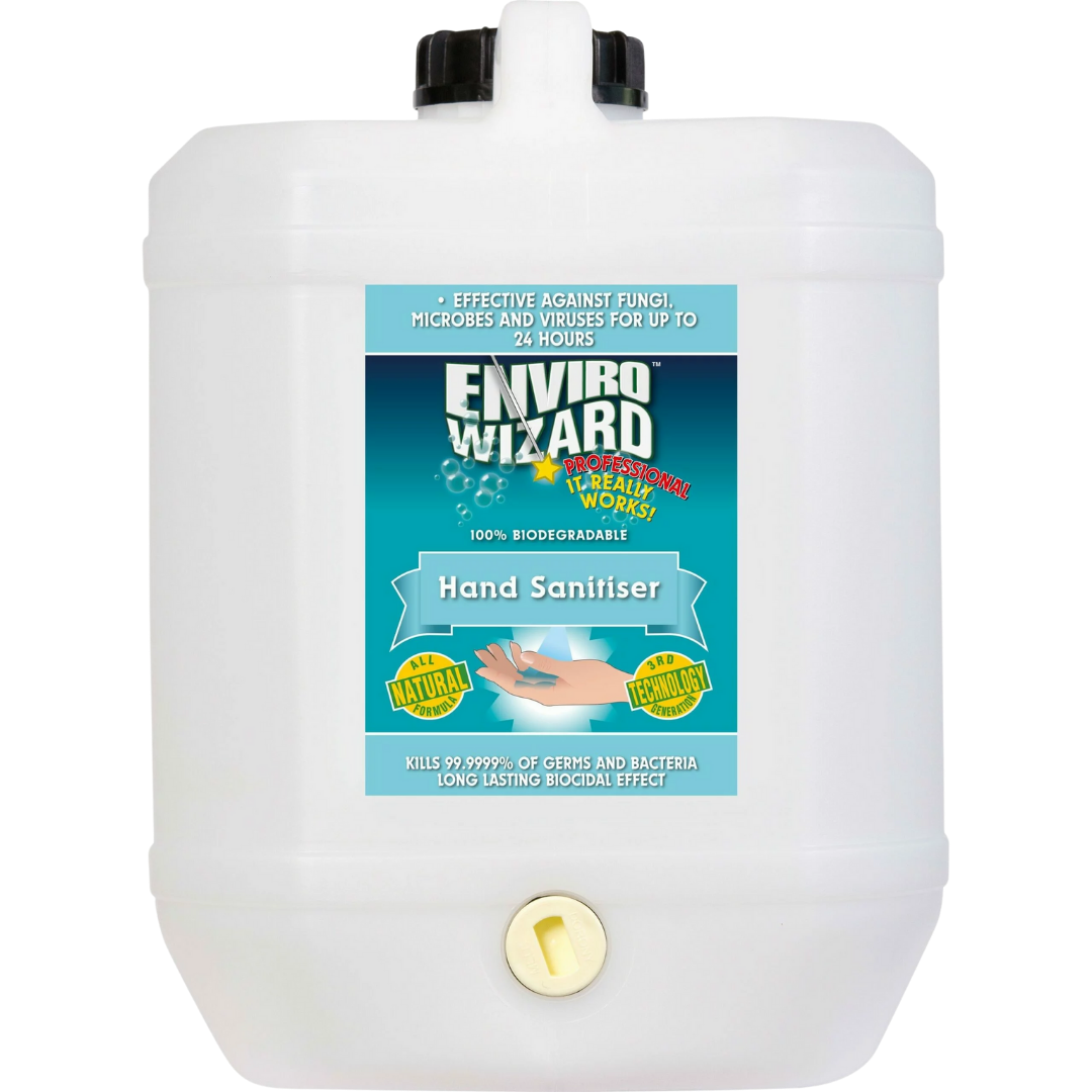 Enzyme Wizard 20 Litre Hand Sanitiser – ready-to-use, alcohol-free, eco-friendly sanitising solution for bulk use