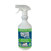 A white spray bottle with a label that reads 'Enzyme Wizard All Purpose Surface Spray'. The label includes green accents and an indication that the product is organic.