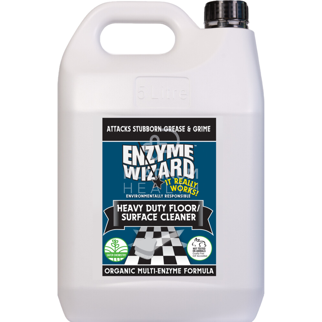 A white plastic bottle with a label that includes the brand name 'Enzyme Wizard' and the product name 'Heavy Duty Floor Cleaner'. The label has a checkered pattern and text detailing the product's properties and use.