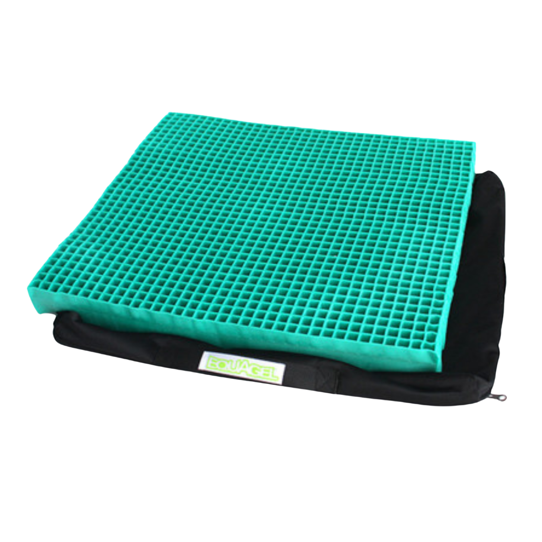 Teal-green EquaGel pressure care cushion insert resting on top of its open black fabric cover on a transparent background.