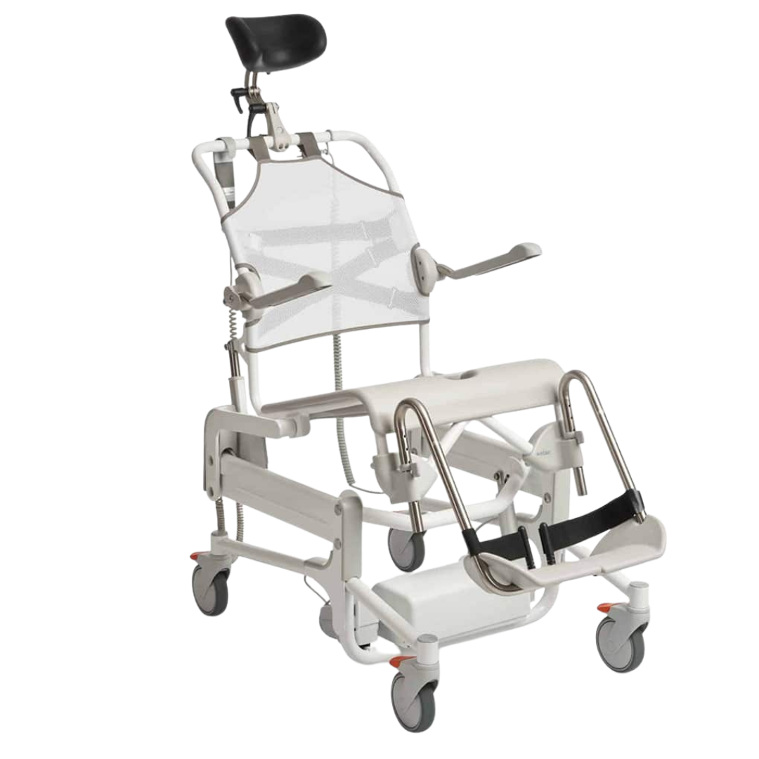 Etac Alto Electronic Shower Commode with Pan Holder – height-adjustable mobile commode chair for safe toileting and showering.