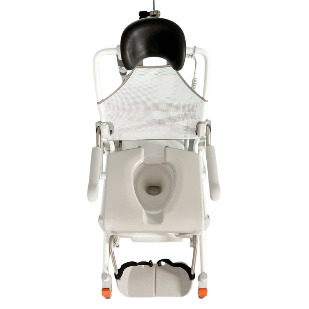 Etac Alto Electronic Shower Commode with Pan Holder – height-adjustable mobile commode chair for safe toileting and showering.