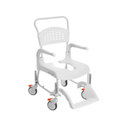 Angled view of a white Etac Clean height-adjustable mobile shower commode chair, featuring a push handle, perforated backrest, armrests, open seat, footrest, and four caster wheels.