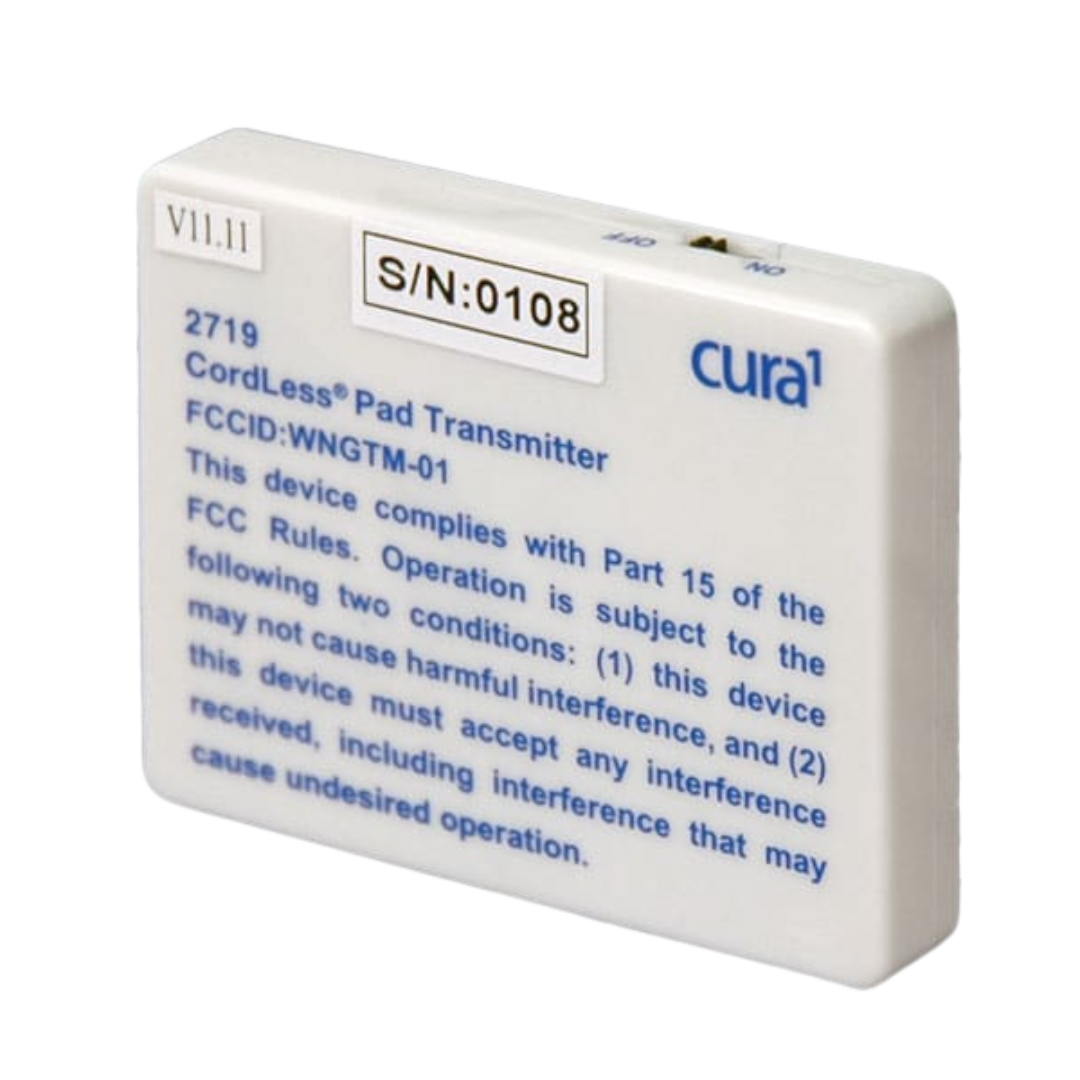 Cura Replacement Transmitter – cordless fall prevention device with 50m range, LED indicator, and 1-year battery life for aged care and hospital use.